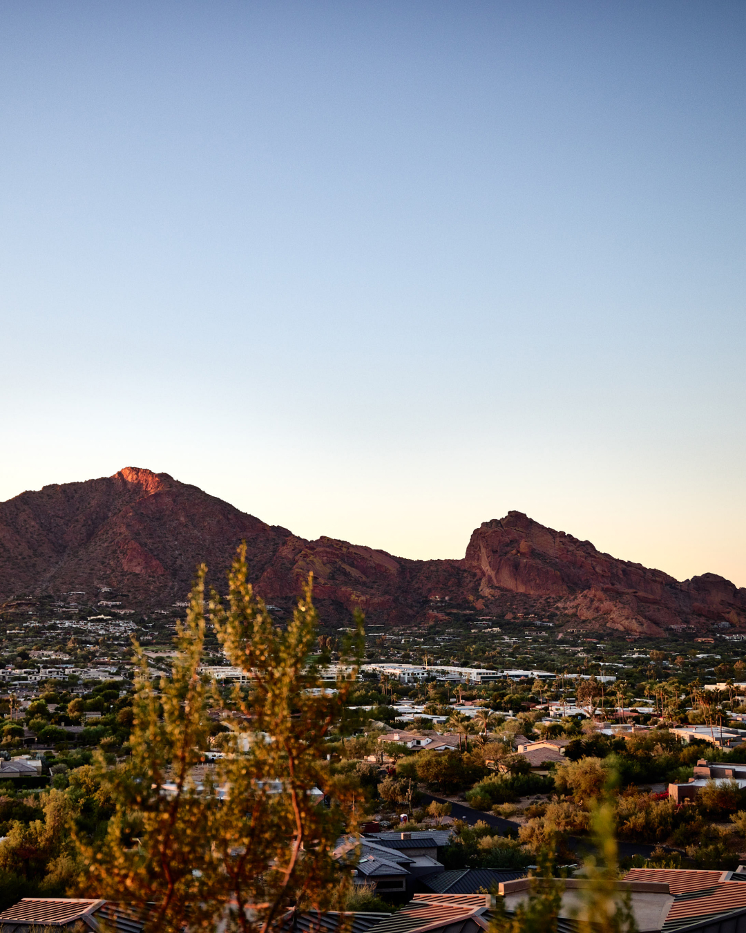 Desert landscape with red mountains under a clear blue sky at sunset, trees in the foreground.