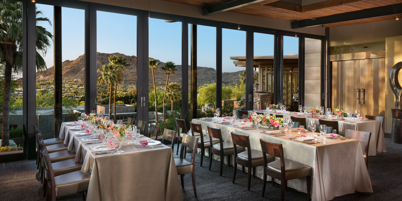 Praying Monk Dining room with tables set for reception and stunning valley views.