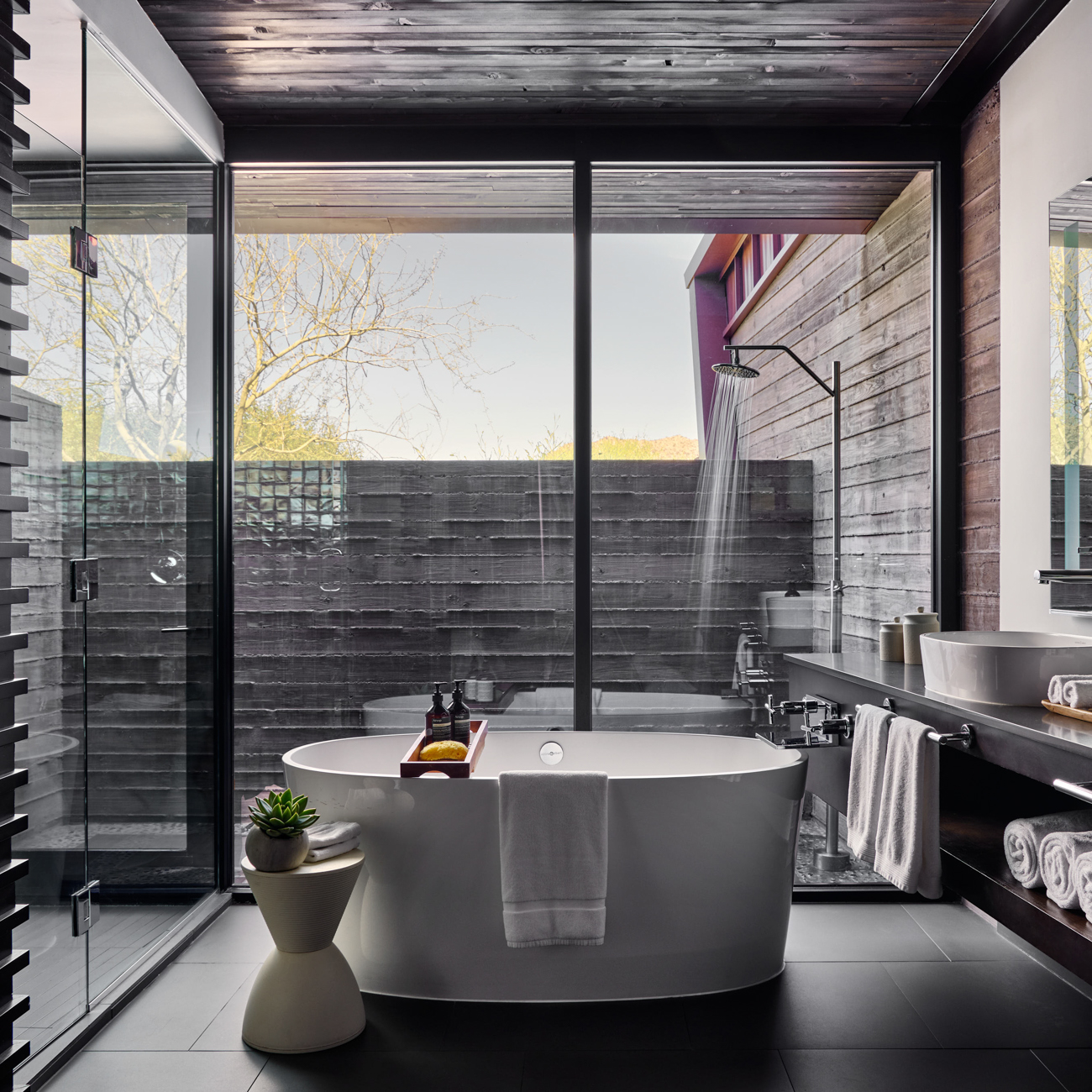 A freestanding oval white bathtub stands before a floor-to-ceiling glass wall under a dark wood ceiling, with a rain-head shower beyond.