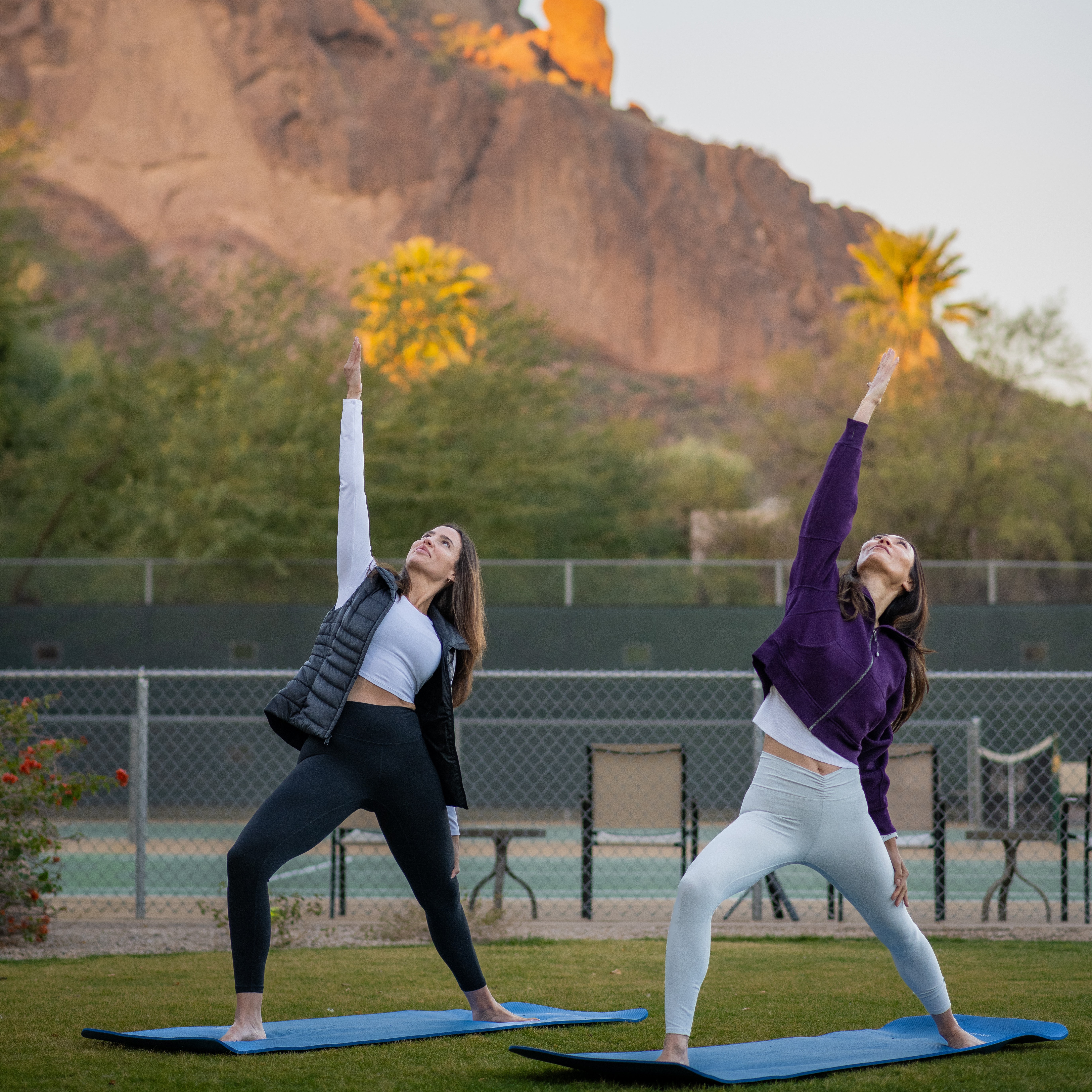 Woman practicing yoga in upward-facing dog pose on a grassy lawn, sunlight casting shadows, stone wall and cactus in the background.