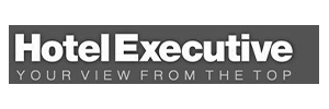 "Hotel Executive" logo with the tagline "Your View from the Top" in white text on a gray background.
