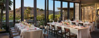 Praying Monk Dining room with tables set for reception and stunning valley views.