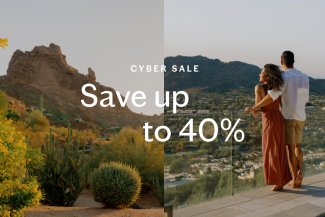 split image with mountains and couple standing. save up to 40% text overlay